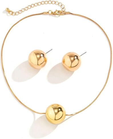 Ball Pendant Necklace and Earrings Jewelry Set for Women Chunky Gold Long Necklace Set for Women, Statement Trendy Stainless Steel Chain Necklaces Prom Fashion Jewelry Gift in Saudi Arabia