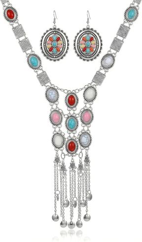 2pcs Turkish Ethnic Jewelry For Women Statement Tribal Necklaces Boho Earrings Long Y Shaped Western Necklaces Jewelry Set in Saudi Arabia