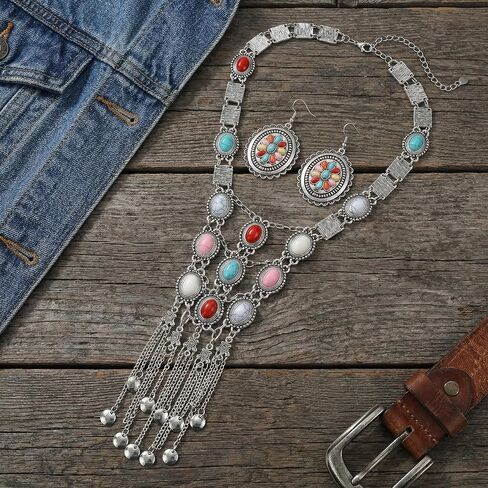 2pcs Turkish Ethnic Jewelry For Women Statement Tribal Necklaces Boho Earrings Long Y Shaped Western Necklaces Jewelry Set in Saudi Arabia