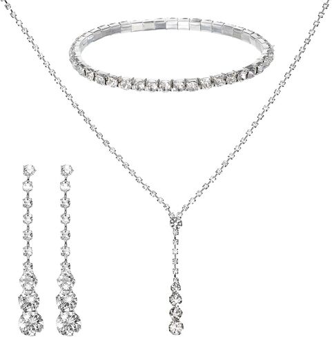 Silver Women Jewelry Set, Rhinestone Crystal Necklace Earrings Bracelet for Mom Wife Daughter Girlfriend, Wedding Party Gift for Bride Bridesmaid in Saudi Arabia