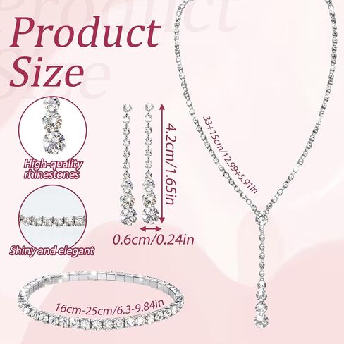 Silver Women Jewelry Set, Rhinestone Crystal Necklace Earrings Bracelet for Mom Wife Daughter Girlfriend, Wedding Party Gift for Bride Bridesmaid in Saudi Arabia