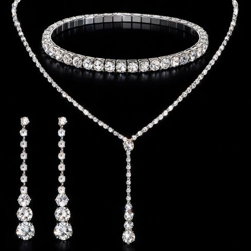 Silver Women Jewelry Set, Rhinestone Crystal Necklace Earrings Bracelet for Mom Wife Daughter Girlfriend, Wedding Party Gift for Bride Bridesmaid in Saudi Arabia