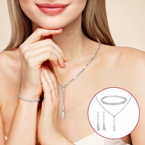 Silver Women Jewelry Set, Rhinestone Crystal Necklace Earrings Bracelet for Mom Wife Daughter Girlfriend, Wedding Party Gift for Bride Bridesmaid in Saudi Arabia