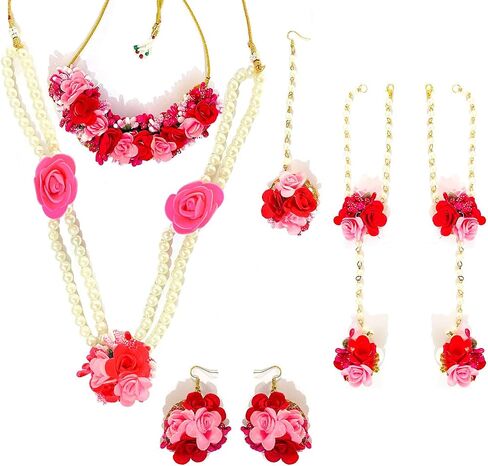 Floral Pearl Bridal Jewelry Set with Necklace, Maang Tikka, Earrings, Bangles, Ring, Pink & Red in Saudi Arabia
