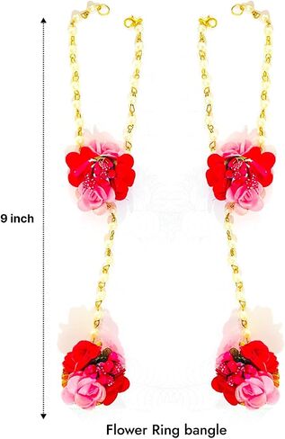 Floral Pearl Bridal Jewelry Set with Necklace, Maang Tikka, Earrings, Bangles, Ring, Pink & Red in Saudi Arabia