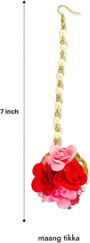 Floral Pearl Bridal Jewelry Set with Necklace, Maang Tikka, Earrings, Bangles, Ring, Pink & Red in Saudi Arabia