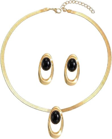 Gold Herringbone Chain Necklace & Earrings Set for Women - Chunky Snake Pendant Jewelry, Statement dainty Gift Set in Saudi Arabia