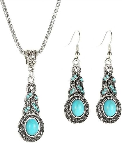 2-Piece Turquoise Style Jewelry Set for Women – Vintage Western Necklace and Drop Earrings – Boho Teal Statement Accessories in Kuwait