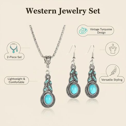 2-Piece Turquoise Style Jewelry Set for Women – Vintage Western Necklace and Drop Earrings – Boho Teal Statement Accessories in Kuwait