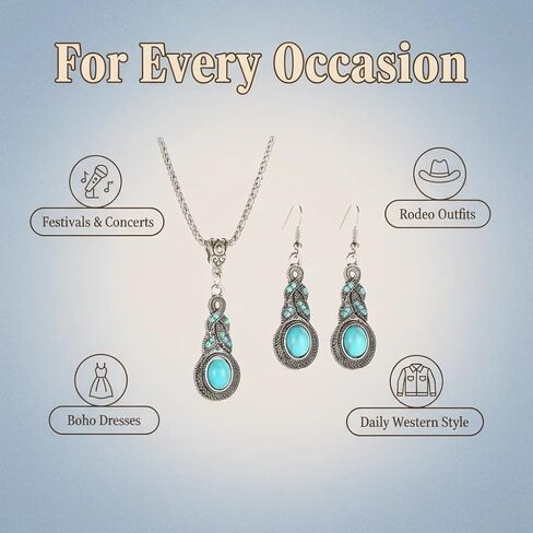 2-Piece Turquoise Style Jewelry Set for Women – Vintage Western Necklace and Drop Earrings – Boho Teal Statement Accessories in Kuwait