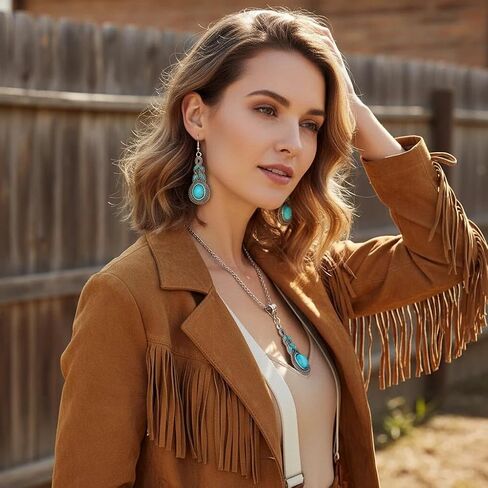 2-Piece Turquoise Style Jewelry Set for Women – Vintage Western Necklace and Drop Earrings – Boho Teal Statement Accessories in Kuwait