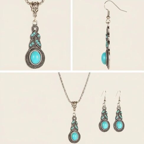 2-Piece Turquoise Style Jewelry Set for Women – Vintage Western Necklace and Drop Earrings – Boho Teal Statement Accessories in Kuwait