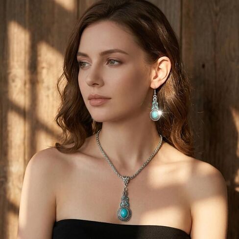 2-Piece Turquoise Style Jewelry Set for Women – Vintage Western Necklace and Drop Earrings – Boho Teal Statement Accessories in Kuwait