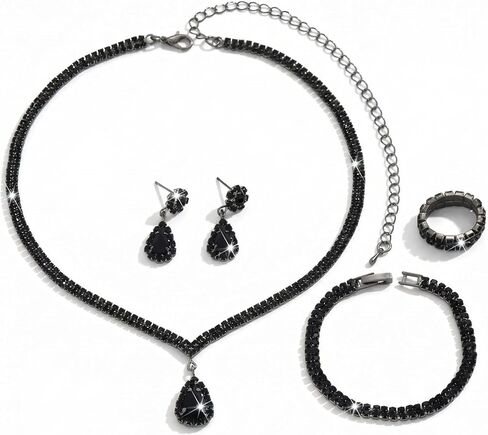 4-Piece Black Jewelry Set for Women, Stylish Trendy Elegant Necklace Earrings Bracelet Ring Combination, Modern Versatile Accessory, Ideal Choice for Daily Wear, Party, Date, Wedding & Special Occasions in Saudi Arabia