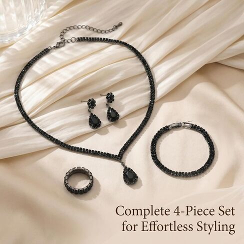 4-Piece Black Jewelry Set for Women, Stylish Trendy Elegant Necklace Earrings Bracelet Ring Combination, Modern Versatile Accessory, Ideal Choice for Daily Wear, Party, Date, Wedding & Special Occasions in Saudi Arabia