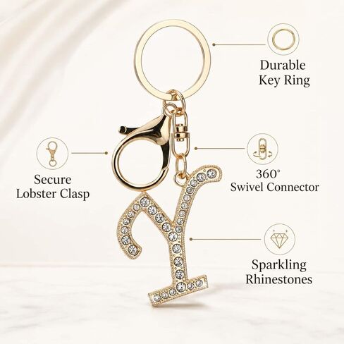 Rhinestone Initial Keychain,Gold Tone Letter Keychain with Crystal Charm for Purse,Bling Monogram Key Ring,Gift for Women in Saudi Arabia