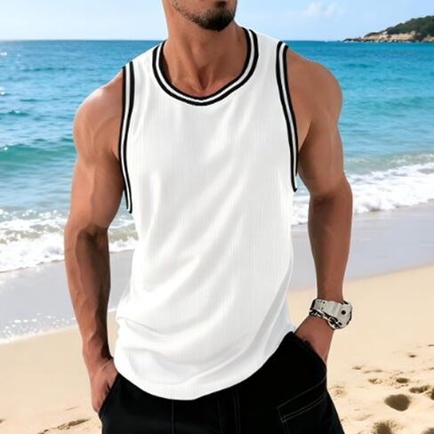 Men's Summer Knit Vertical Stripe Fitness Sports Slim Fit Tank Top Workout Sleeveless Shirt Breathable Lightweight Vest in Kuwait