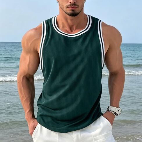 Men's Summer Knit Vertical Stripe Fitness Sports Slim Fit Tank Top Workout Sleeveless Shirt Breathable Lightweight Vest in Kuwait