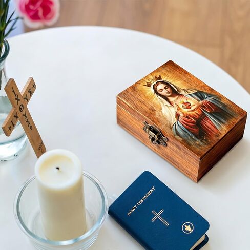 Novabright Wooden Christian Prayer Box Virgin Mary Catholic Rosary Box Mother Mary Jewelry Keepsake Case 6.5 x 4.2 x 2.2 Inch Our Lady of Guadalupe for Women Vintage Home Decor Religious Gift in Kuwait