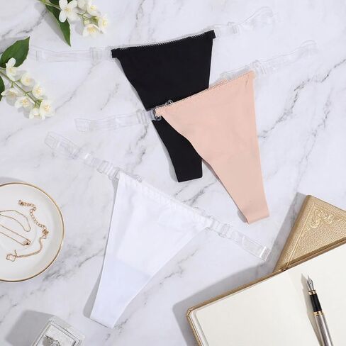 3 Pack Clear Strap Thongs Women Seamless Panties Adjustable G String Thongs Sexy No Show Briefs Invisible Clear Strap Underwear Low Rise Panties in Saudi Arabia