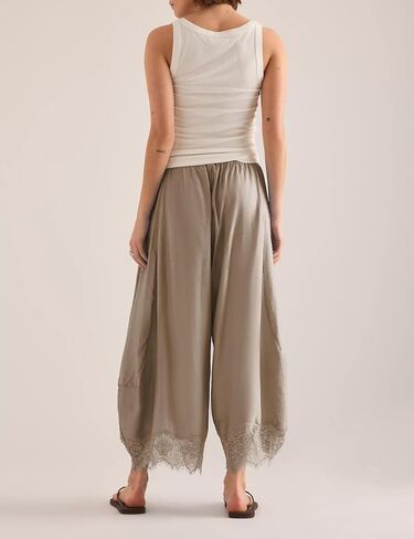 Lviefent Womens Wide Leg Pants Casual Elastic Waist Cropped Lace Hem Pants Summer Beach Trousers with Pockets (Khaki-S) in Saudi Arabia