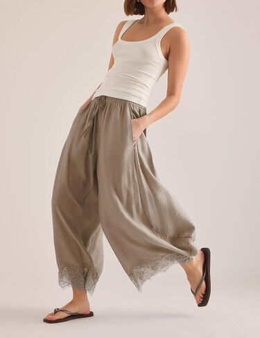 Lviefent Womens Wide Leg Pants Casual Elastic Waist Cropped Lace Hem Pants Summer Beach Trousers with Pockets (Khaki-S) in Saudi Arabia