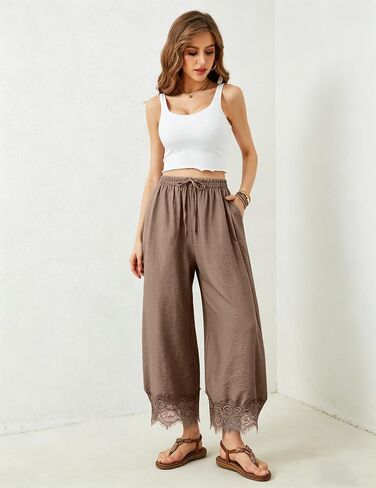 Lviefent Womens Wide Leg Pants Casual Elastic Waist Cropped Lace Hem Pants Summer Beach Trousers with Pockets (Khaki-S) in Saudi Arabia