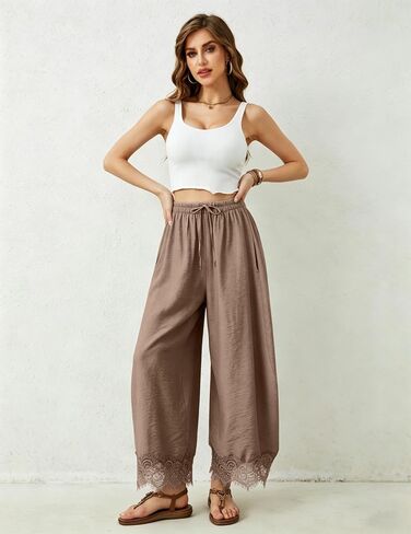 Lviefent Womens Wide Leg Pants Casual Elastic Waist Cropped Lace Hem Pants Summer Beach Trousers with Pockets (Khaki-S) in Saudi Arabia