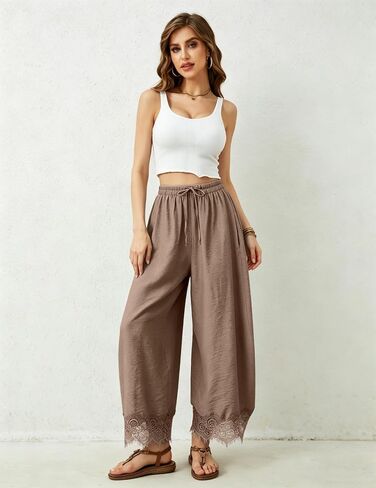 Lviefent Womens Wide Leg Pants Casual Elastic Waist Cropped Lace Hem Pants Summer Beach Trousers with Pockets (Khaki-S) in Saudi Arabia