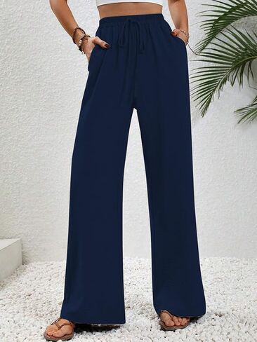 Women's Casual Wide Leg Pants with Drawstring, Soft Lightweight Lounge Pants, Elastic Waist Palazzo Trousers for Women in Kuwait