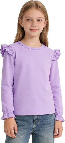 LYSMuch 7-14Y Girls Ruffle Long Sleeve Shirt Kids Crewneck Basic Blouse Casual Tee in Kuwait