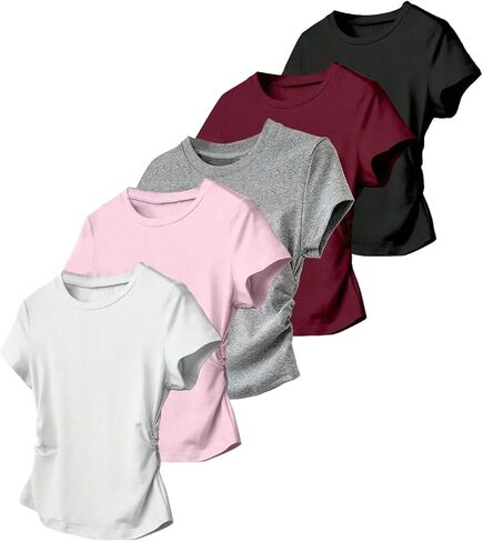 OYOANGLE Girl's 5 Pack Short Sleeve Ruched Tees Crew Neck Basic T Shirts Top in Kuwait