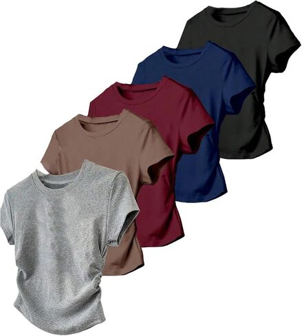 OYOANGLE Girl's 5 Pack Short Sleeve Ruched Tees Crew Neck Basic T Shirts Top in Kuwait