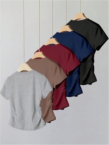 OYOANGLE Girl's 5 Pack Short Sleeve Ruched Tees Crew Neck Basic T Shirts Top in Kuwait