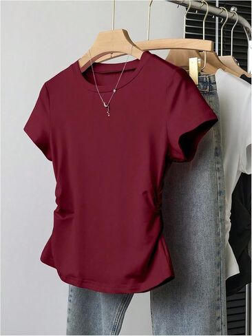 OYOANGLE Girl's 5 Pack Short Sleeve Ruched Tees Crew Neck Basic T Shirts Top in Kuwait