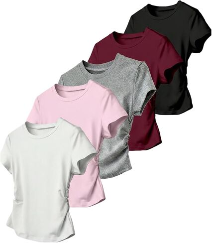 OYOANGLE Girl's 5 Pack Short Sleeve Ruched Tees Crew Neck Basic T Shirts Top in Kuwait