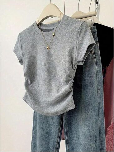 OYOANGLE Girl's 5 Pack Short Sleeve Ruched Tees Crew Neck Basic T Shirts Top in Kuwait