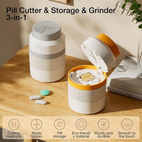 3-in-1 Pill Splitter 1/4 & 1/2, QUARDINE Adjustable Pill Cutter with Storage & Grinder, Tablet Cutter with Stainless Steel Blade, Pill Grinder for Vitamins, Tablets, Small or Large Pills (Orange) in Kuwait