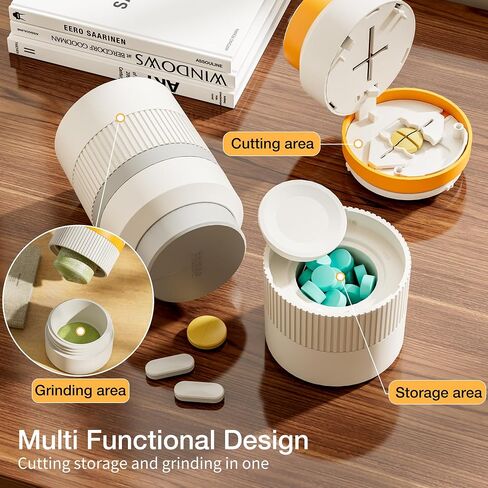 3-in-1 Pill Splitter 1/4 & 1/2, QUARDINE Adjustable Pill Cutter with Storage & Grinder, Tablet Cutter with Stainless Steel Blade, Pill Grinder for Vitamins, Tablets, Small or Large Pills (Orange) in Kuwait