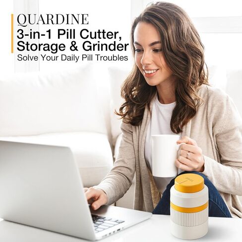 3-in-1 Pill Splitter 1/4 & 1/2, QUARDINE Adjustable Pill Cutter with Storage & Grinder, Tablet Cutter with Stainless Steel Blade, Pill Grinder for Vitamins, Tablets, Small or Large Pills (Orange) in Kuwait