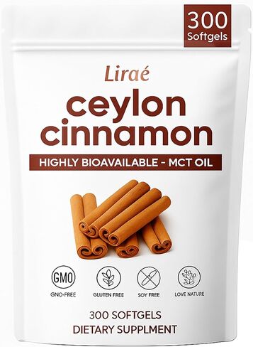 LIRAE Ceylon Cinnamon Softgels with MCT Oil – 300 Softgels – True Ceylon Cinnamon Supplement – Non-GMO, Gluten Free – Gentle Daily Wellness Support (1) in Saudi Arabia
