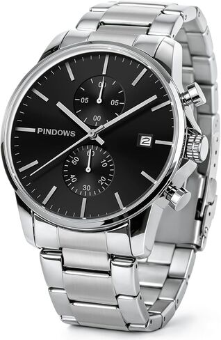 PINDOWS Mens Watches Fashion Minimalist Business Heavy Duty Stainless Steel Waterproof Chronograph Quartz Watch with Auto Date in Saudi Arabia