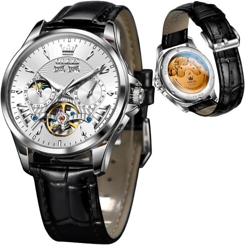 OLEVS Automatic Men's Watch Luxury Business Calendar Moon Phase Tourbillon Skeleton Dress Mechanical Watches for Men with Soft Textured Black Leather Strap Waterproof Luminous Self Winding Wrist Watch in Kuwait