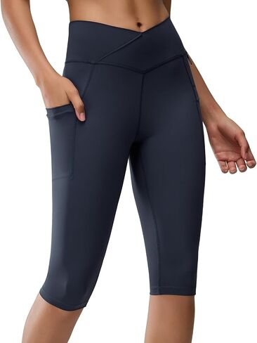 Women's Long Biker Shorts Hiking Knee Length Capri Leggings, High Waisted Bermuda Shorts with Pockets 14 Inch in Kuwait