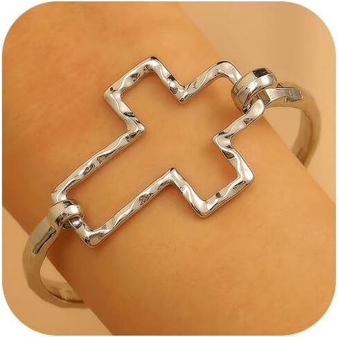 Large Gold Cross Bangle Bracelet for Women Chunky Bold Silver Wide Crucifix Hammered Bangles Thick Adjustable Statement Bracelets Religious Jewelry Gifts in Saudi Arabia