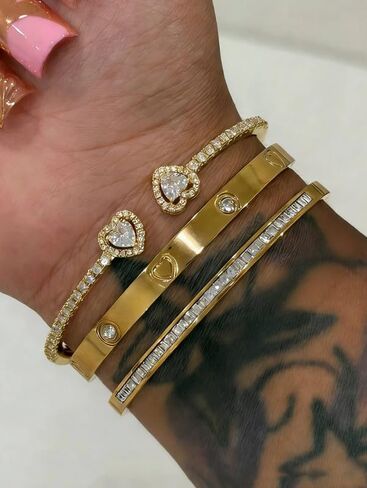 3PCS Gold Heart & CZ Paved Bangle Set, Minimalist & Romantic Design, Matching Wrist Accessory (Gold) in Kuwait