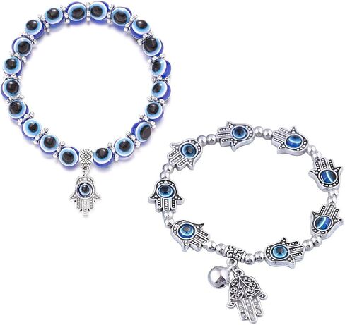 2-Pack Turkish Evil Eye Bracelet Bangle Set with Hamsa Hand Charm, Imitation of Green turquoise, Adjustable Stretch Bracelets, Natural tiger eye stone in Saudi Arabia