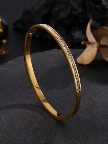 3PCS Gold Heart & CZ Paved Bangle Set, Minimalist & Romantic Design, Matching Wrist Accessory (Gold) in Kuwait