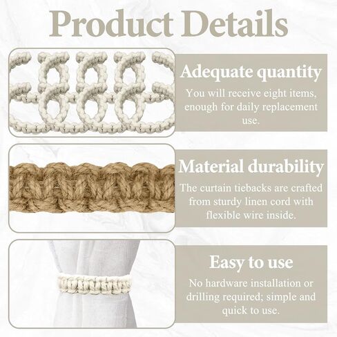 ASTIMEA 8 Packs 9.4''/24 CM Boho Curtain Tie Backs No Drilling, Rustic Outdoor Curtain Tiebacks Holdbacks Holder Braided Lightweight Decorative for Drapes Home Farmhouse Bedroom Office White in Saudi Arabia