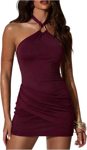 BEAUDRM Women's Y2k Metal Ring Halter Mini Dress Summer Ruched Tie Backless Club Party Going Out Dresses in Kuwait